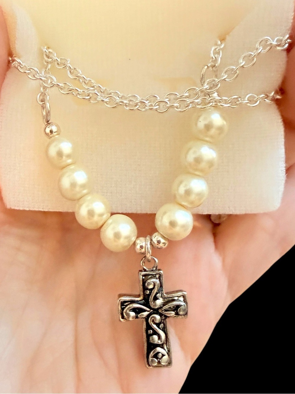 Designs Silver Faux Pearl Cross Necklace